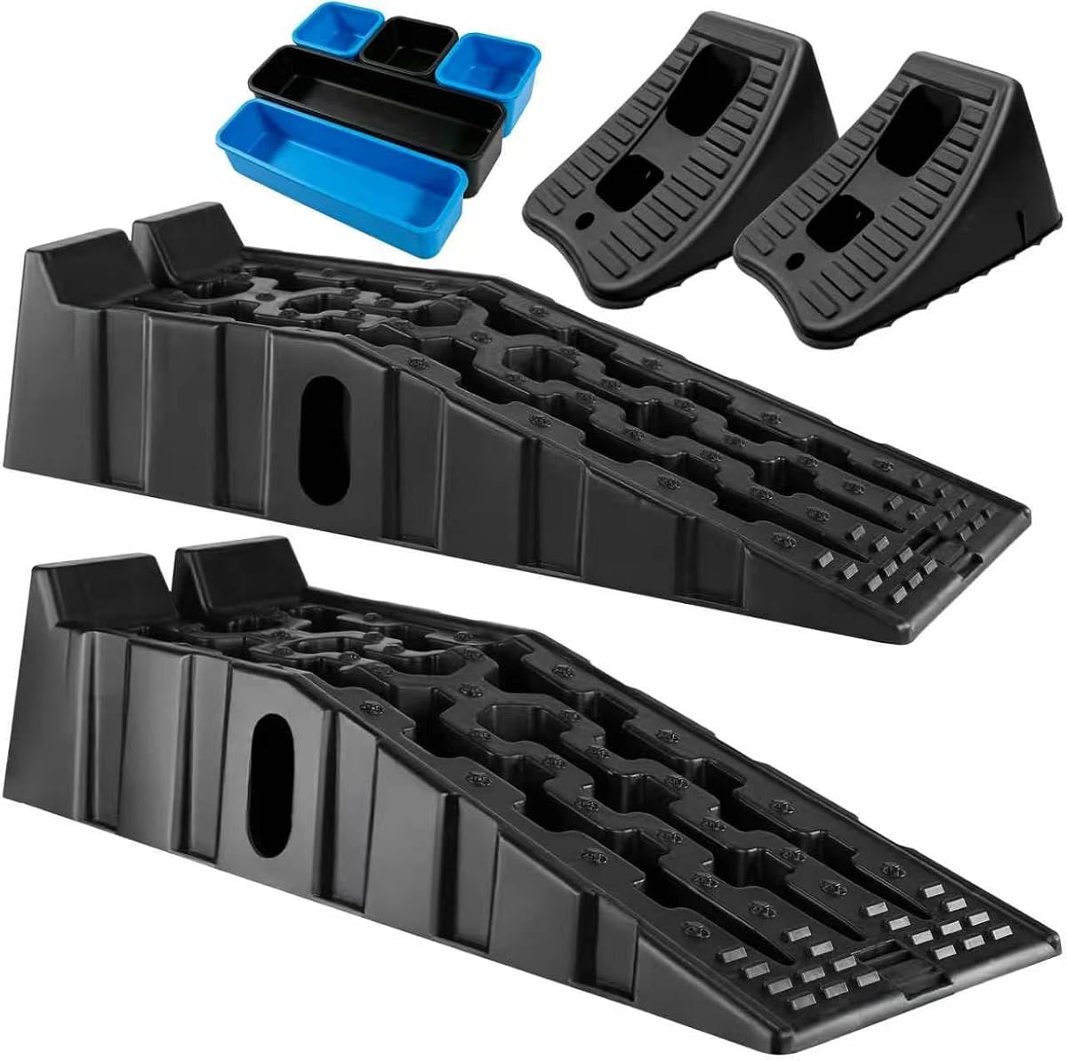 Heavy Duty Car Ramps for Oil Changes, 16000LBS GVW Capacity | Vehicle Service Ramps with Wheel Chocks, Storage Box, 6.7" Lift for Trucks Cars SUVs, 2 Pack