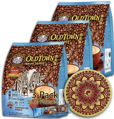 (3-Pack - Less Sugar) OLD TOWN (3 in 1) Less Sugar White Coffee Asian Instant Coffee Package with a WHALEVER Eco Friendly Cork Coaster Coffee Lover Package, oldtown White Coffee 45 Packets