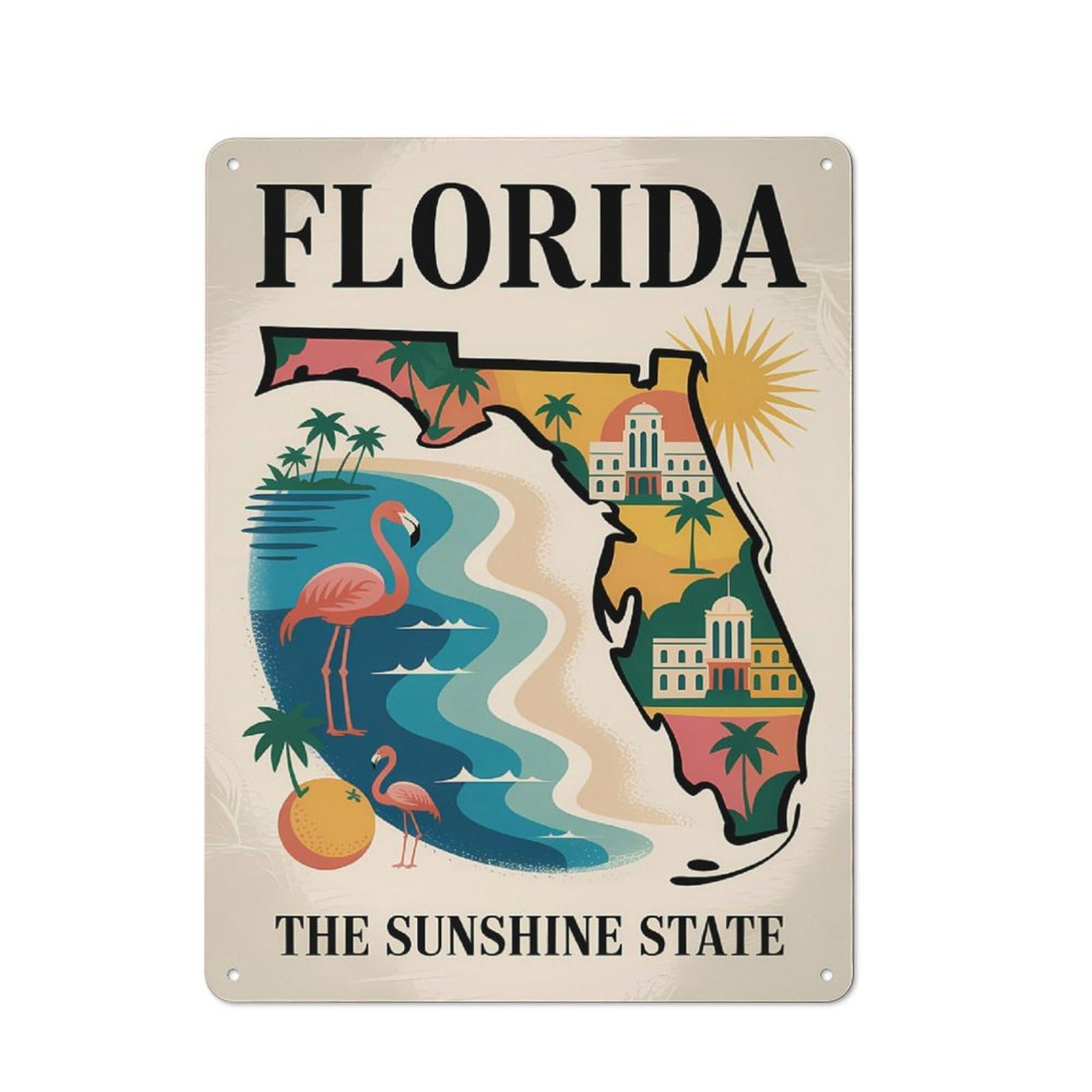 Tin Sign with Florida The Sunshine State Travel Design 40x30cm, Understated Studio Wall Plaque for Hobby Room, Office, Lounge Or Living Room