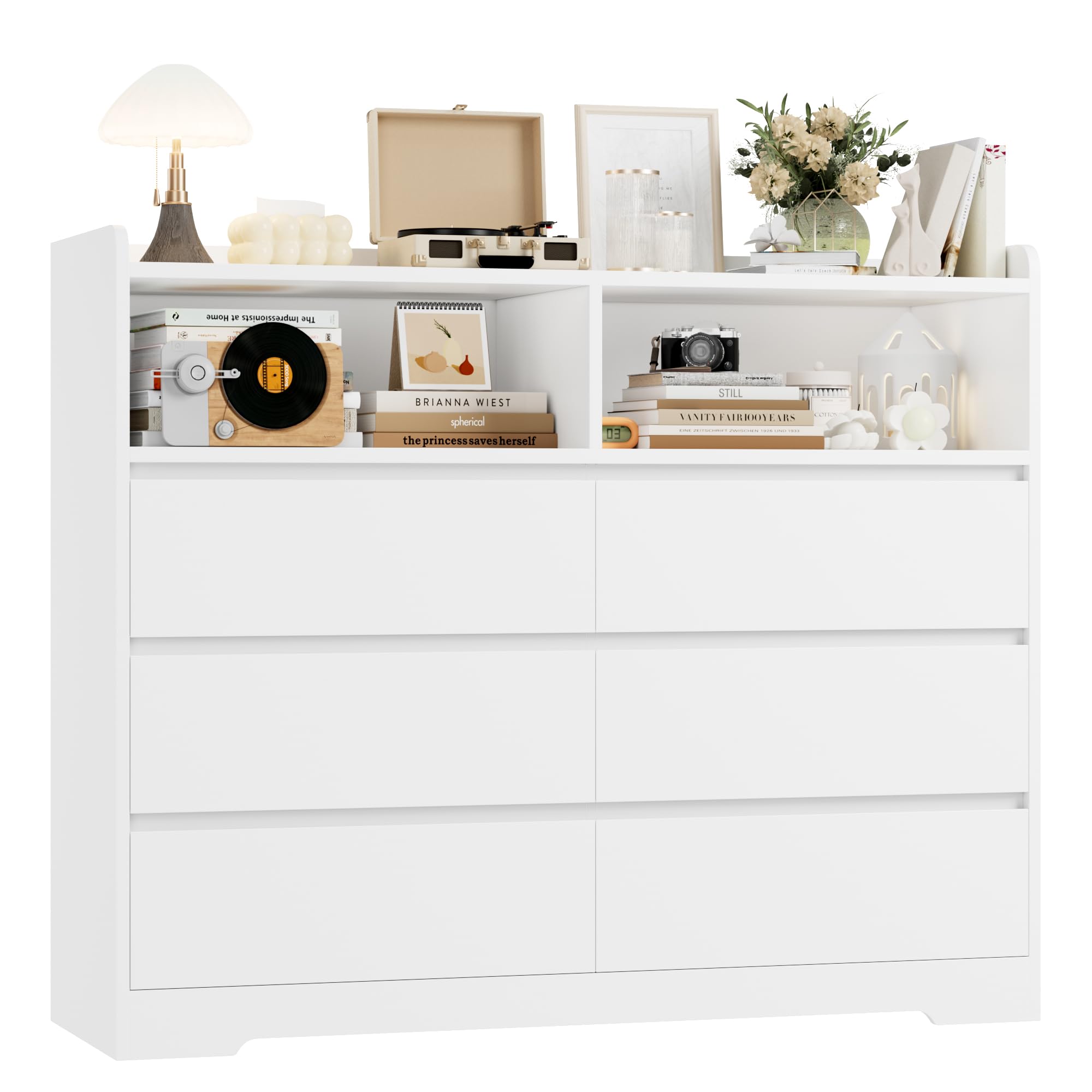 FOREHILL Chest of Drawers Bedroom Storage Cabinet White Chest of Drawers with 6 Drawers 2 Open Compartments Large Sideboard for Living Room Hallway 120x40x100cm — image 1