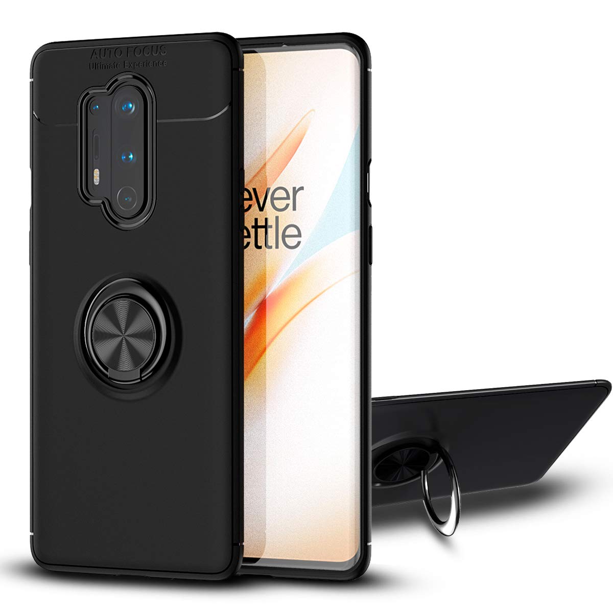 Newseego Compatible with OnePlus 8 Pro Case, Frosting Thin Soft and 360° Adjustable Finger Ring Holder Kickstand Fit Magnetic Car Mount-Black+Silver