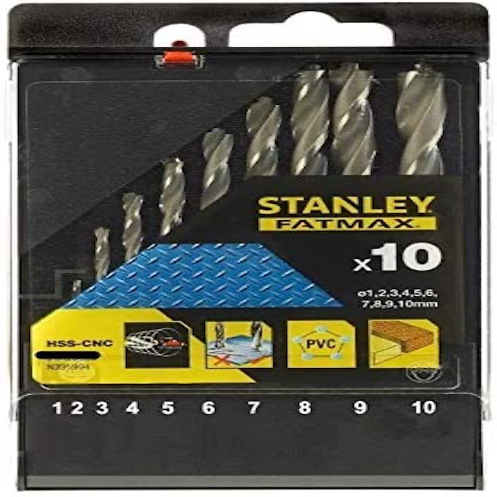 STANLEY Fatmax STA56043-QZ 10 Piece High Speed Steel Metal Drill Bit Set, Includes 1mm, 2mm, 3mm, 4mm, 5mm, 6mm, 7mm, 8mm, 9mm, 10mm