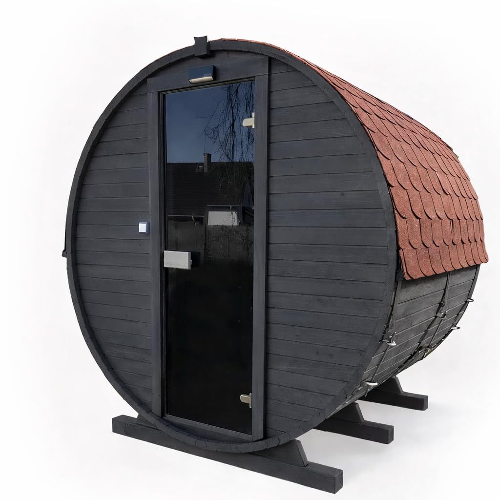 Gartensauna Fasssauna aus Holz für 4 Personen, Rund | Mit LED-Beleuchtung Außensauna für Garten & Terrasse (Dachfarbe: Braun, Anthrazit)