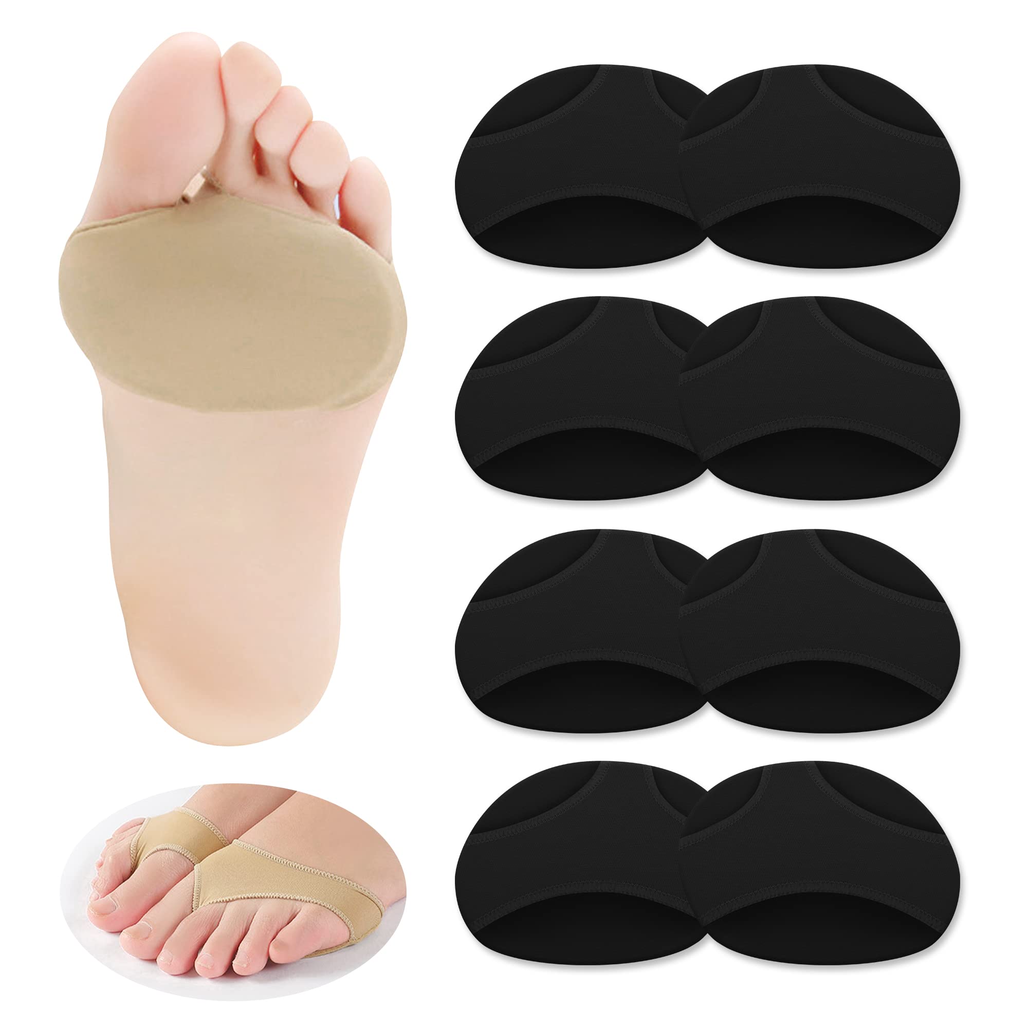 Ball of Foot Cushions for Women & Men - Metatarsal Pads, 4 Pairs Black, SEBS Gel & Lycra Fabric, Unisex-Adults, Shoe Insoles, Foot Cushions