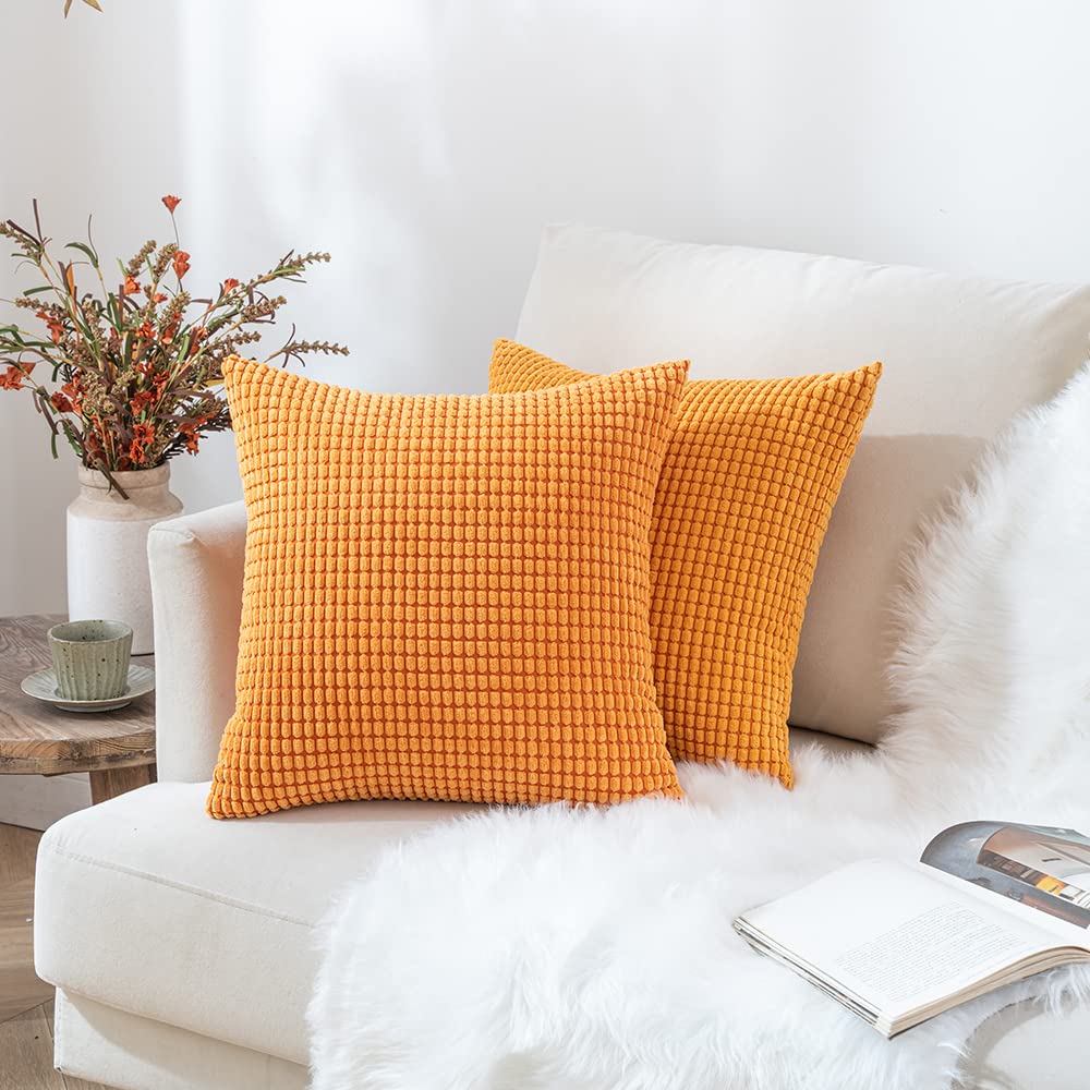 Maqash Orange Cushions With Covers Included Sets Pcs – (2 Cushion Inserts+ 2 Cushion Covers) –Corn Corduroy Sofa Cushions - Bed Cushions & Accessories - Fluffy 45Cm X 45Cm Filled Size 4