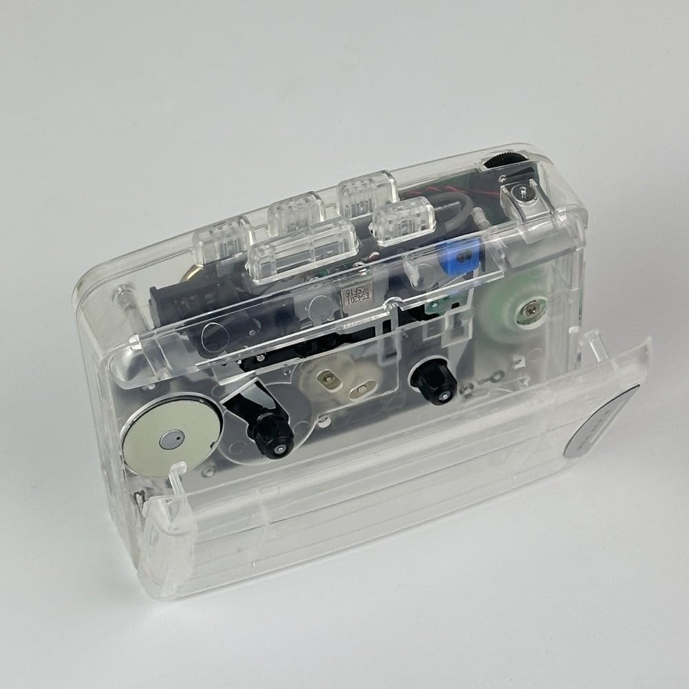 Lecteur cassette portable avec radio FM et casque stéréo - Lecteur de bandes transparentes avec chargement USB - Design rétro (rouge)