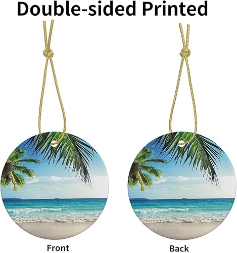 Miniatura 3 de Árbol de Navidad con estampado tropical de palmera hawaiana, playa, árbol de Navidad colgante de cerámica de forma redonda, para reuniones