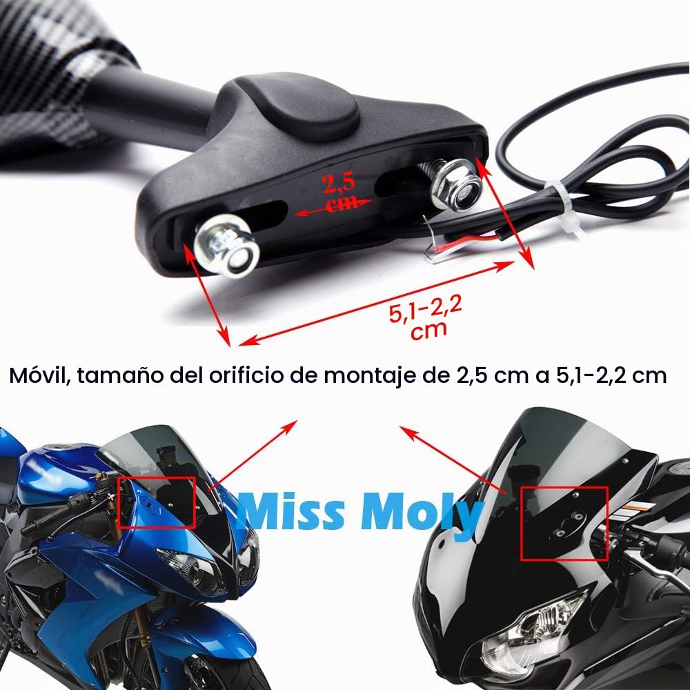 MISS MOLY Negro Motocicleta Señal de giro Espejo Retrovisor con Indicador LED de Flecha para CBR GSXR YZF (Carbón)