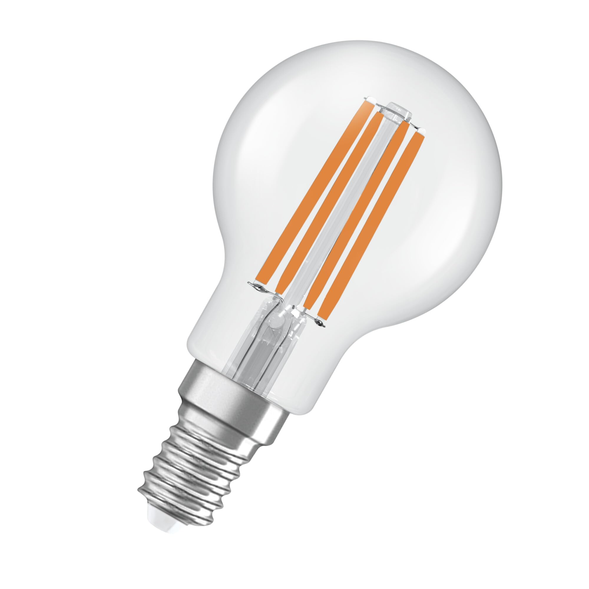 OSRAM Energy Class en forma clásica de mini bola, 2,​2 W / 470 lm, EEK A, luz blanca cálida (2700 K), CRI 80, fabricada en vidrio transparente sin plomo, casquillo E14, IP20, 45 mm de diámetro.