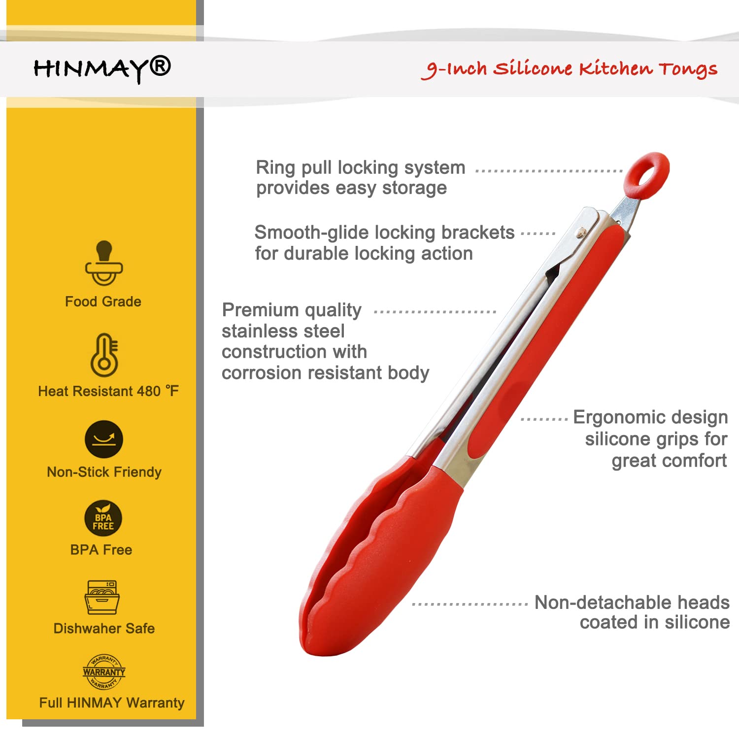 HINMAY Pinzas de cocina de silicona para servir de 9 pulgadas, juego de 3 (rojo)