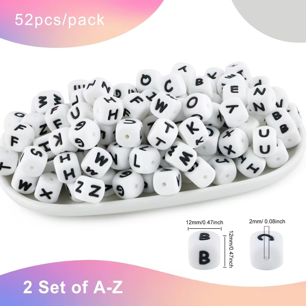 52Pcs 12mm White Square Silicone Letter Beads A-Z, Cube Alphabet Silicone Beads for Keychain Making, Ideal for Necklace Bracelet Pens and DIY Crafts - Image 3