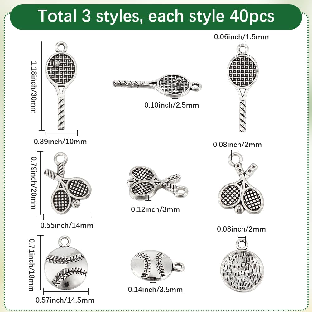 SUNNYCLUE 1 Box 120Pcs Silver Sport Charms Tennis Racket Charm Alloy Mixed Antique Sports Theme Racquet Ball Dangle Charm for Jewelry Making Charms DIY Keychain Bracelet Earrings Necklace Crafting image 2