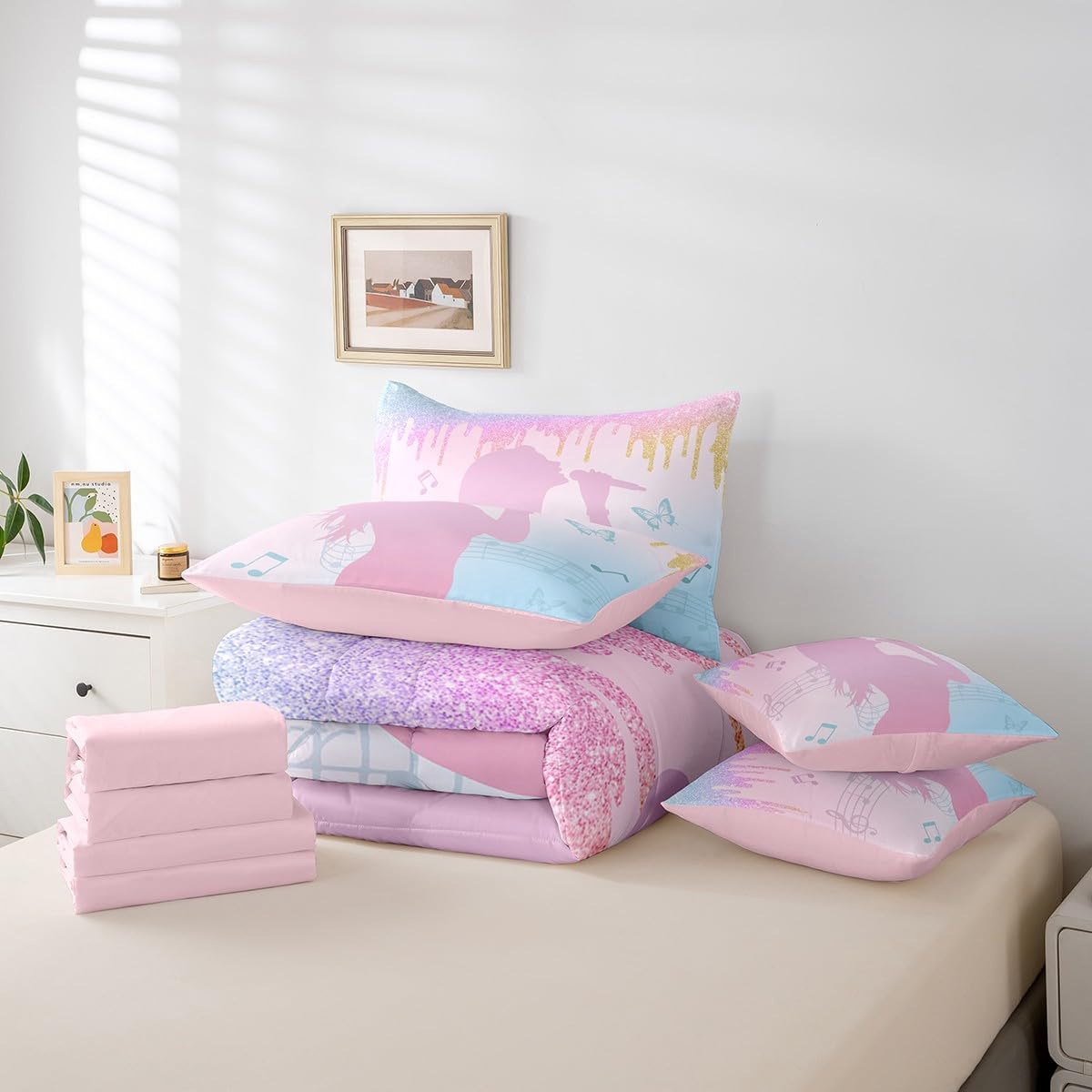 jejeloiu Girls Singer Comforter Set 7 Pieces Pink Music Bedding Set Full Size Glitter Fashion Women Bed in a Bag Room Decor Lightweight Bed Set with Comforter, Sheets, Pillowcases & Cushion Cover