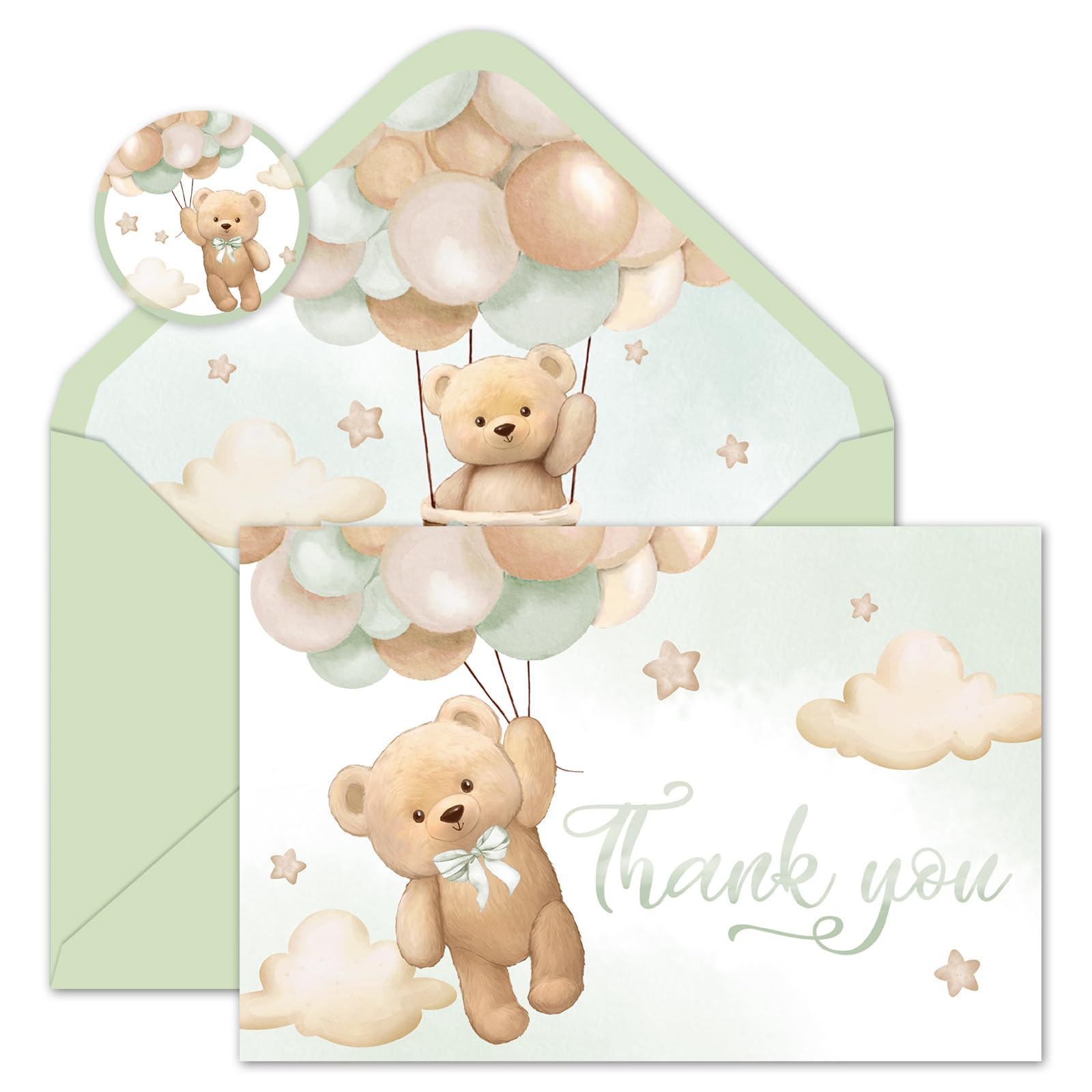 Whaline 24 Pack Bear Thank You Card Green Bear Balloon Greeting Card with Envelope Sticker Cute Blank Note Cards for Baby Shower Birthday Party