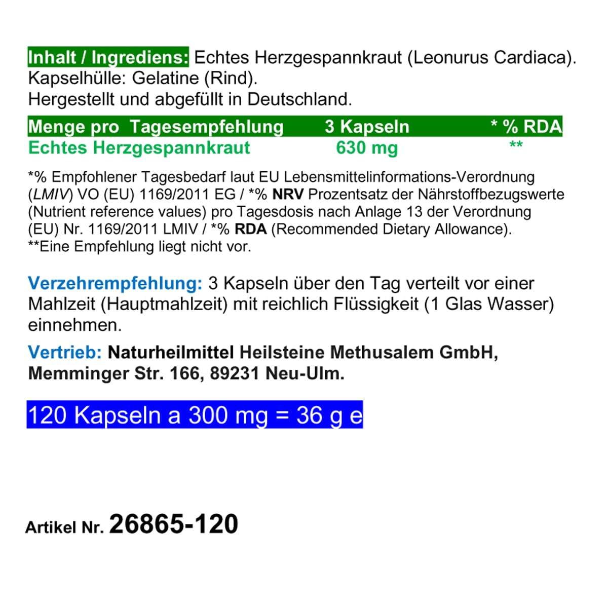 Herzgespannkraut 360 Kapseln echtes HERZGESPANN Herz & Kreislauf - Motherwort Herz-Gesund-Kraut nach Hildegard von Bingen. 100% NATUR PUR. Ohne ZUSATZSTOFFE (3x 120 Kapseln). 26865-3