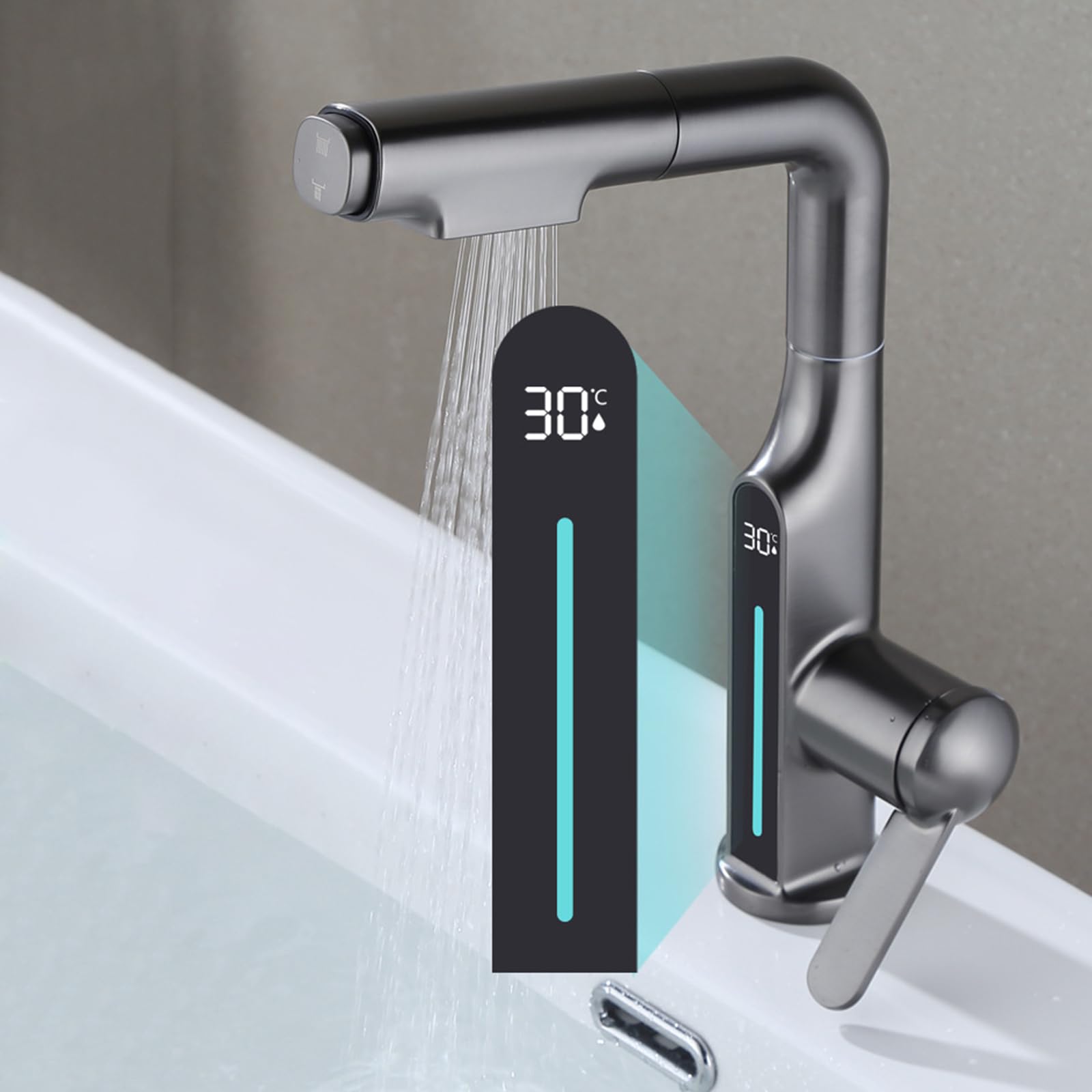 Generico Rubinetto da Bagno Miscelatore Estraibile per Lavabo da Bagno con Getto Cascata Girevole 360° con Display Digitale Acqua Calda E Fredda Colore Grigio Canna di Fucile
