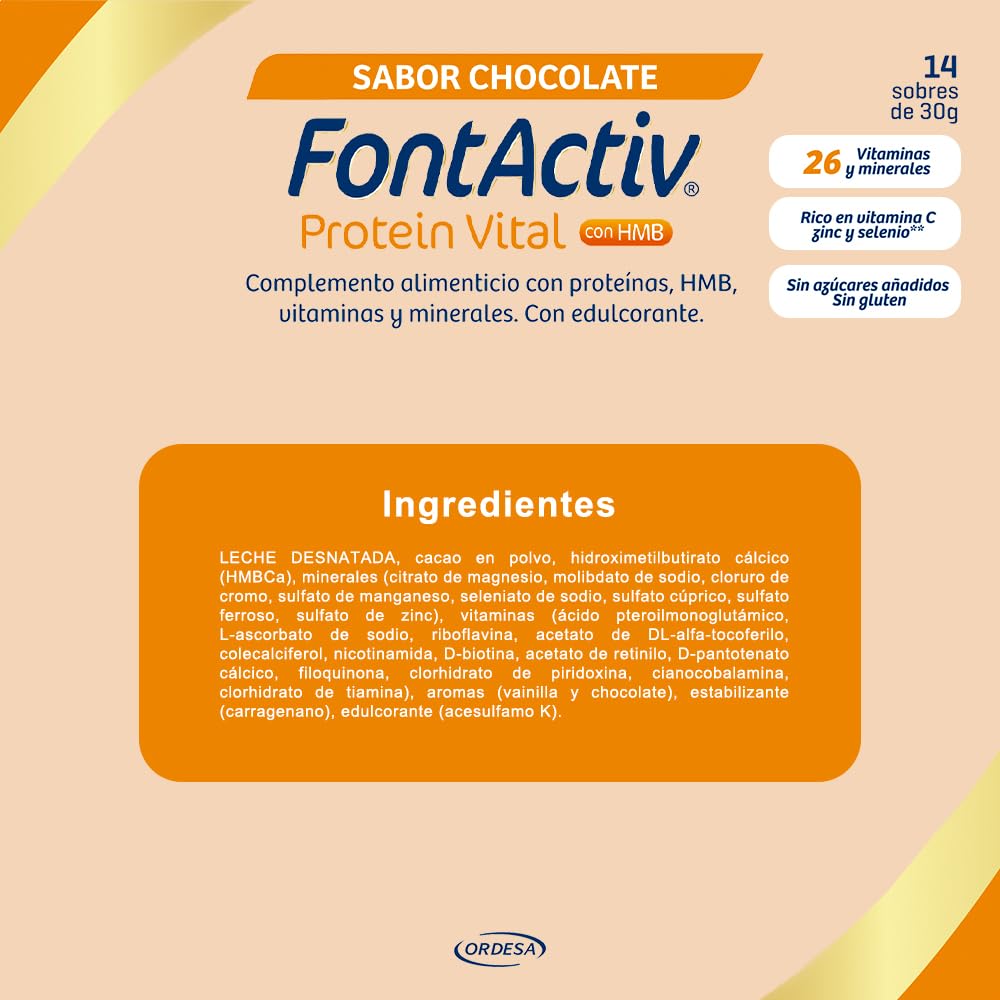 FontActiv Protein Vital Chocolate | 14 sobres | Complemento Alimenticio con Proteínas, HMB, Vitaminas y Minerales para Adultos