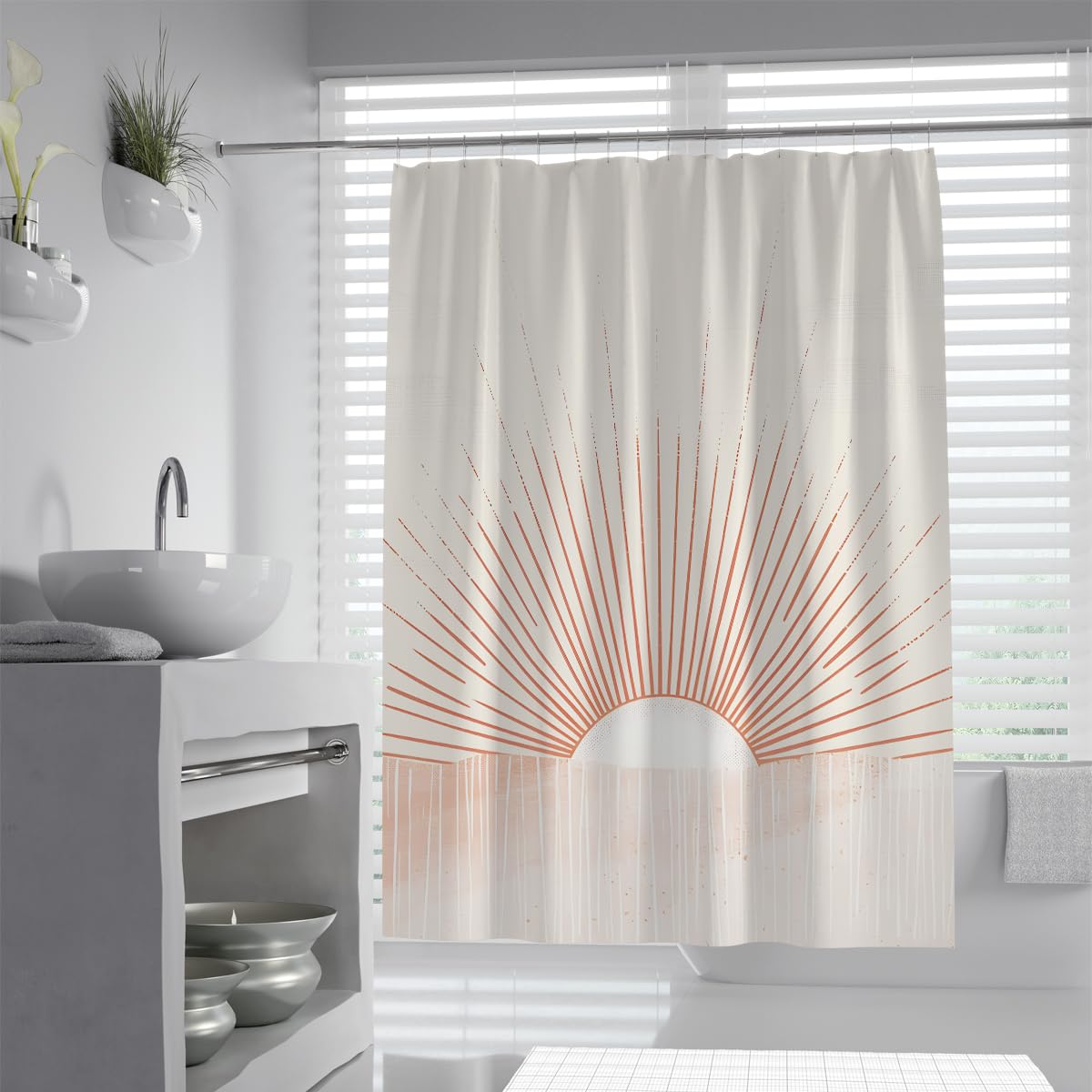 Uiringart Shower Curtains Terracotta Pink Boho Geometric Sunrise W180xl200cm Abstract Minimalist Mildew Resistant Waterproof Bathroom Curtain Decor With Hook