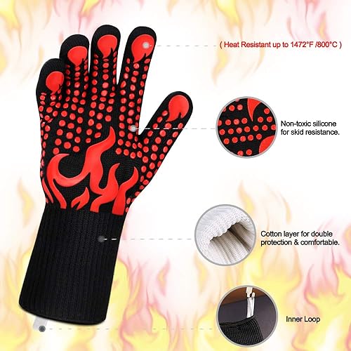 Miniatura 4 de Guantes largos, resistentes al calor 1472 °F, de silicona antideslizante, para barbacoa, cocinar, hornear, cortar Rojo