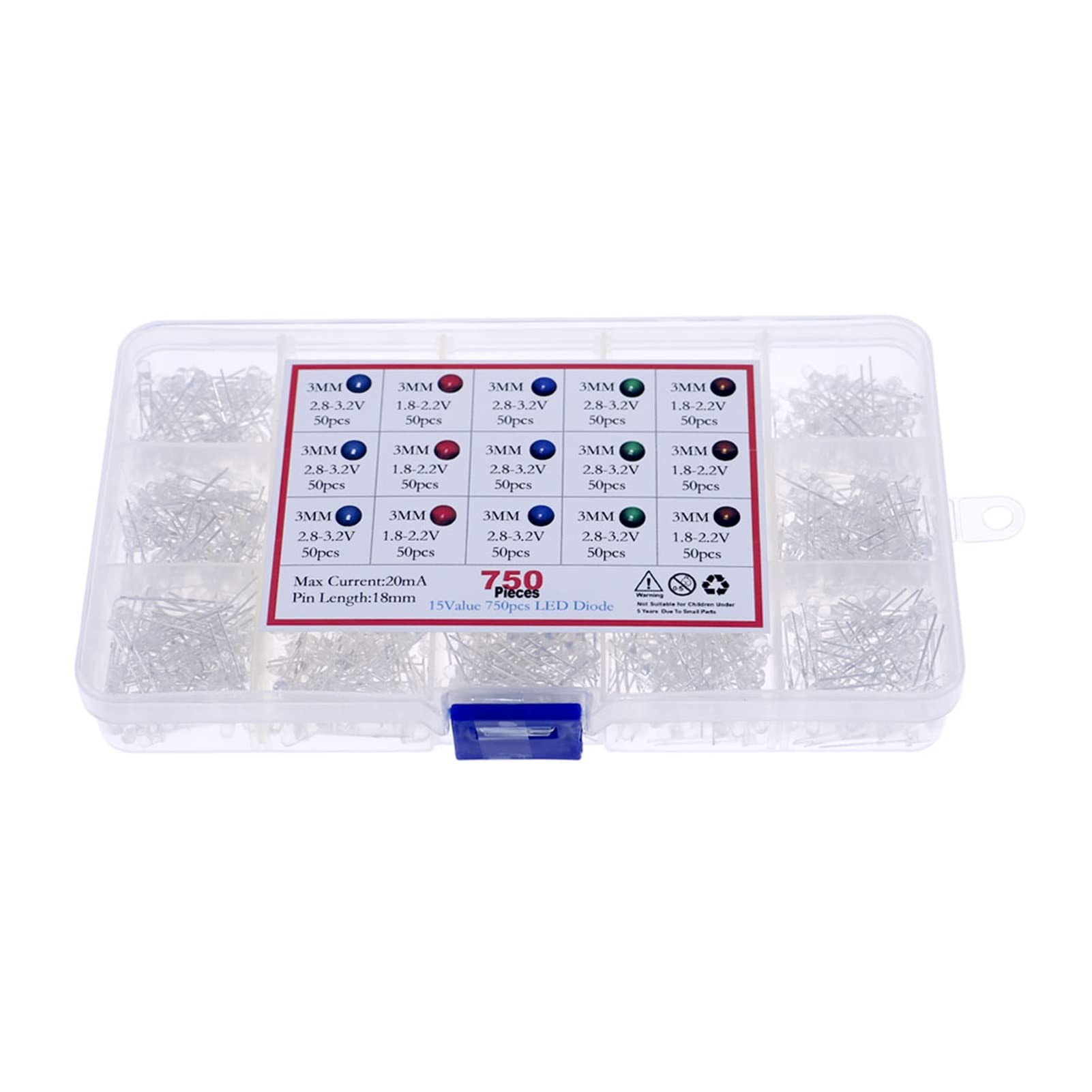 Kit de Bricolage d'assortiment de diodes LED, 750 pièces/boîte 5 Couleurs x 150 pièces 3mm