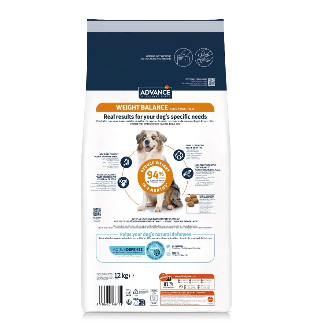 Advance Veterinary Diets Weight Balance Medium Maxi Crocchette Cane 12kg - Cibo Secco Dietetico per Perdita Peso e Obesità, Mangime Light Saziante Gusto Pollo, Mantiene Massa Muscolare, Adult