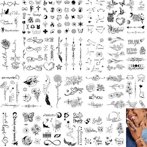 Casciybo 350 PCS Small Finger Temporary Tattoo for Women- butterfly Flower Rose Letter Realistic...