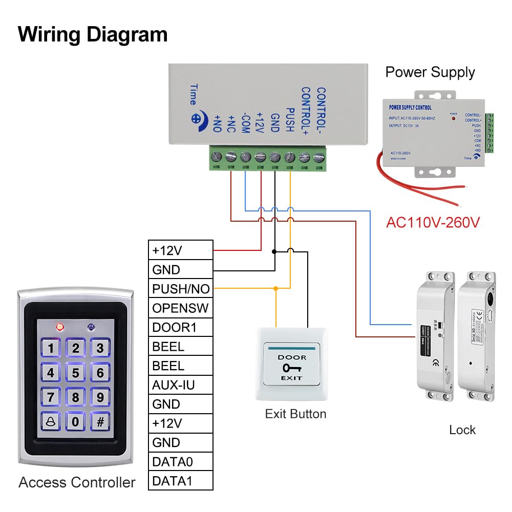 Kit Completo di Sistema di Controllo Accessi per Casa, Tastiera per 1000 Utenti in Metallo + Serratura Elettrica a Caduta DC 12V + Alimentatore 12V 3A + Pulsante di Uscita + 10 Chiavette