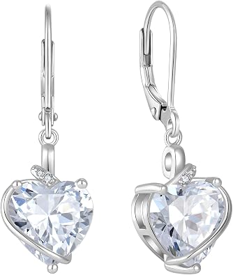 Heart Birthstone Earrings for Women Silver Tone Heart Shaped Dangle Drop Leverback Earrings Jewelry for Her