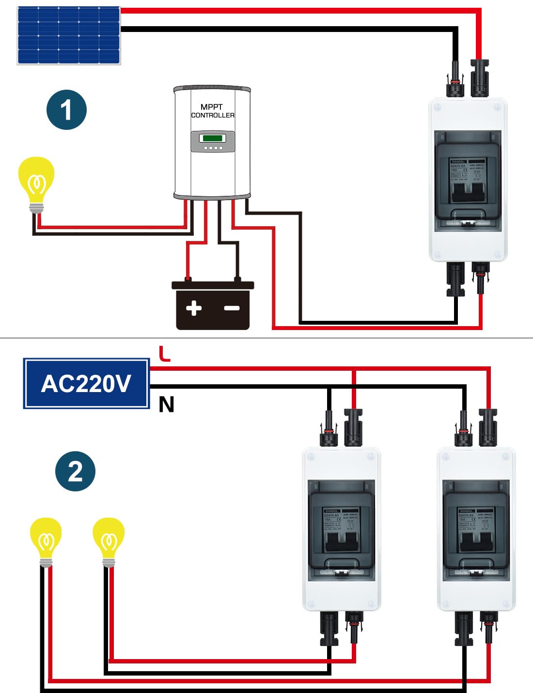 DC Trennschalter PV Anlage Leitungsschutzschalter Sicherungsautomat 2 Polig 15A 12V (12V-400V) Mit Kabel Solarstecker IP65 Wasserdicht Gehäuse