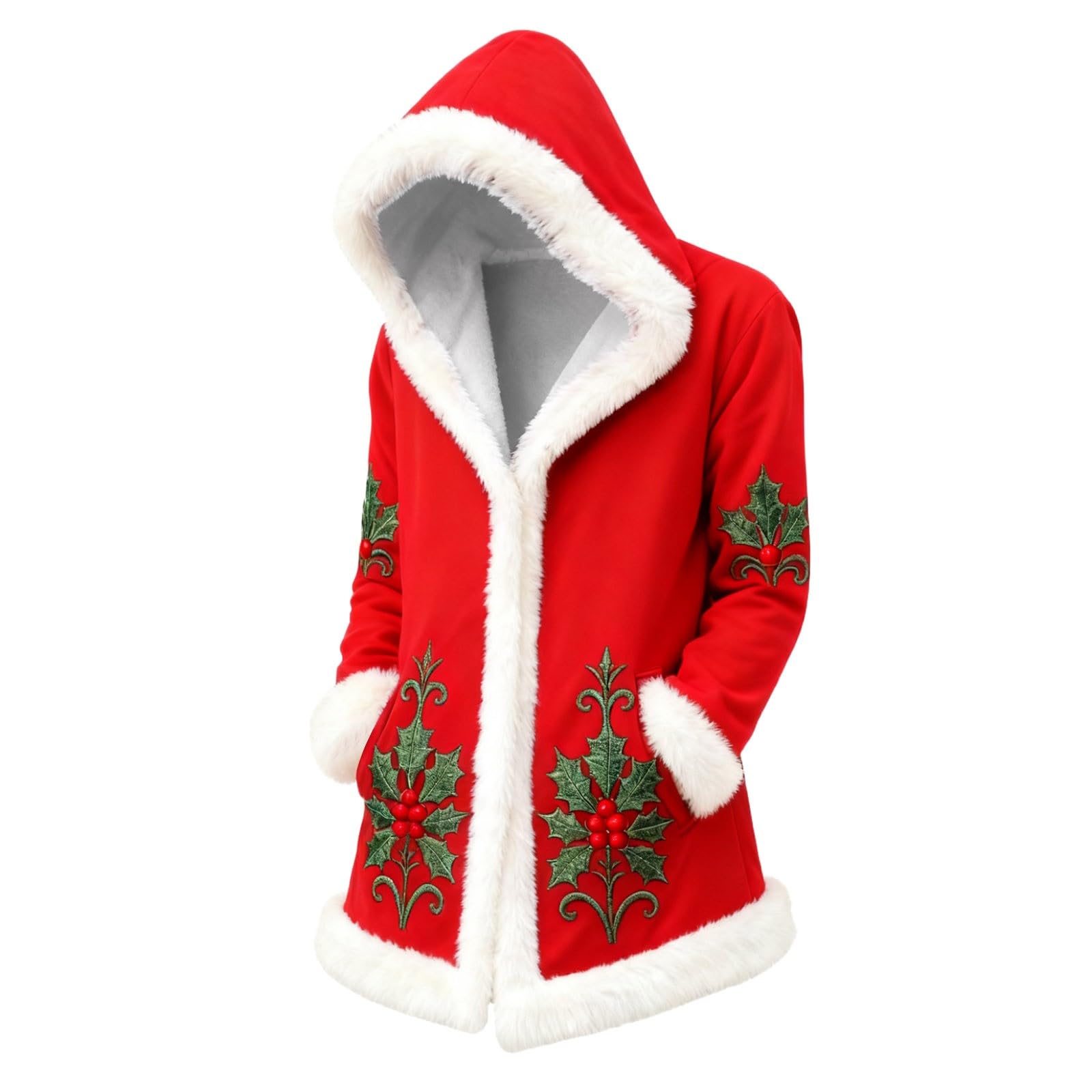 Red Velvet Christmas Costume for Men Red Hooded Cape Santa Coat Plush Lining Long Sleeve Longline Soft Warm Fluffy Festival Holiday Party Xmas Winter Cardigan