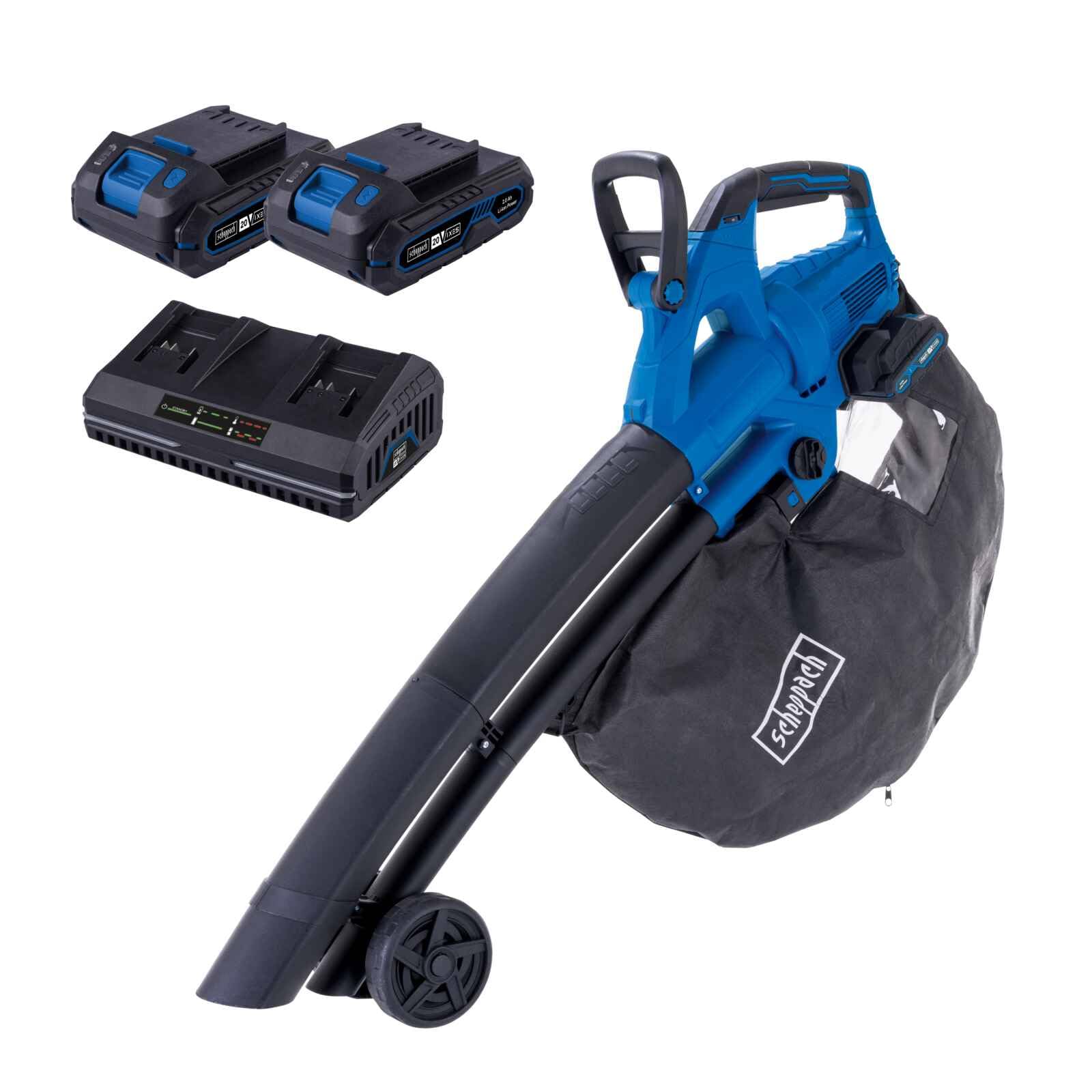 Scheppach Aspirateur/souffleur à Feuilles sans Fil BC-BLV720-X - Série 20V IXES - Débit d'air 720 m³/h - Vitesse de l'air 210 km/h - Souffleur Brushless 4 en 1-2 Batteries 2 Ah + Chargeur Double