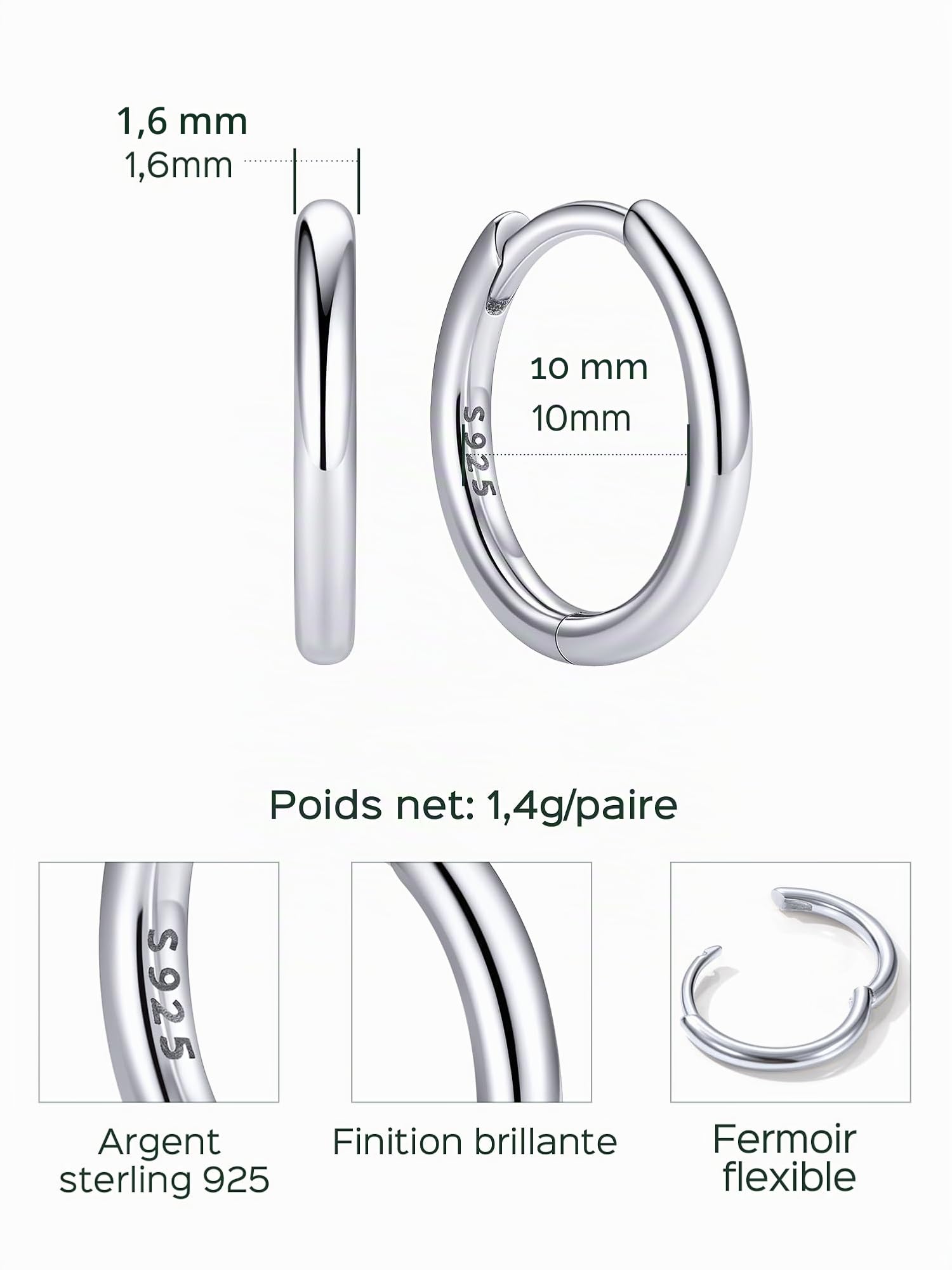 ChicSilver Petite Créoles Argent 925 Massif Femme Homme 8/9/10/12/14/16/20MM Boucles d’Oreilles Mini Hoop Pour Or/Argent/Noir/Or Rose