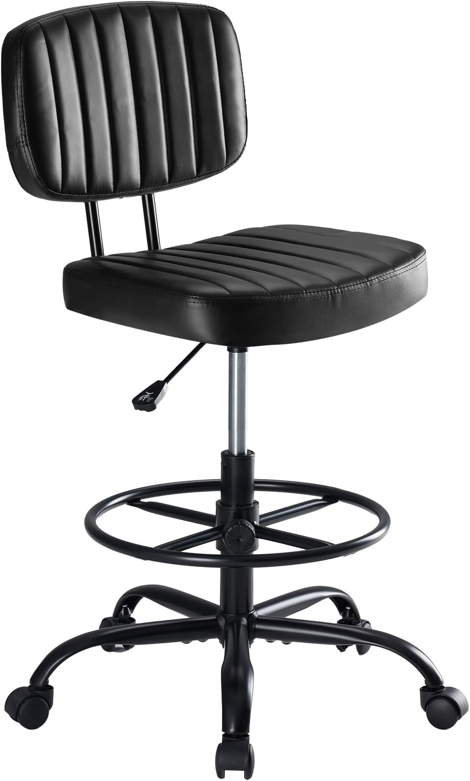 DUMOS Armless Drafting Chair, Low Back Office Seat with Adjustable Footrest Ring for Standing Desk, Ergonomic PU Leather Office Seating, Swivel Rolling High Stool for Studio, Lab, Counter, Black