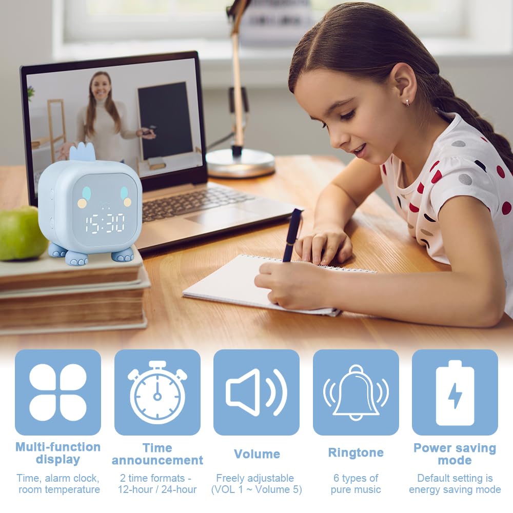 Reloj Despertador para niños, Despertador Digital con luz Nocturna, función de repetición y Temporizador, Control De Voz USB Reloj Despertador de Dinosaurio para niños y niñas (Azul)