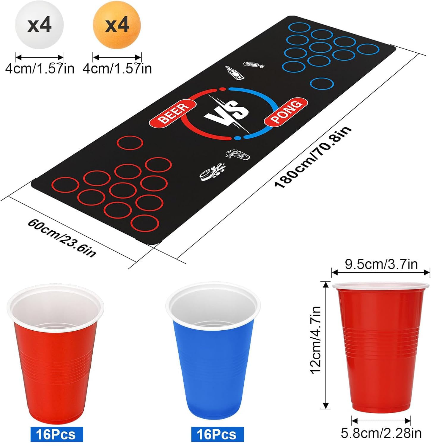 Beer Pong Ping Pong Kit, Divertente Gioco per Adulti per Feste, Birra Pong Tazze, 32 Bicchieri Beer Pong (500ml), 8 Palline da Ping Pong, Riutilizzabili, per Adulti Festa,Festival, Matrimoni