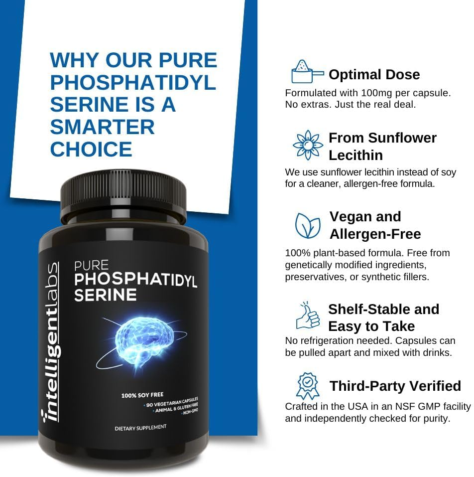 Intelligent Labs Phosphatidylserine Supplement 100mg, 90 High Strength Capsules, 100% Soy and Allergen-Free, Pure Phosphatidylserine from Sunflower Lecithin