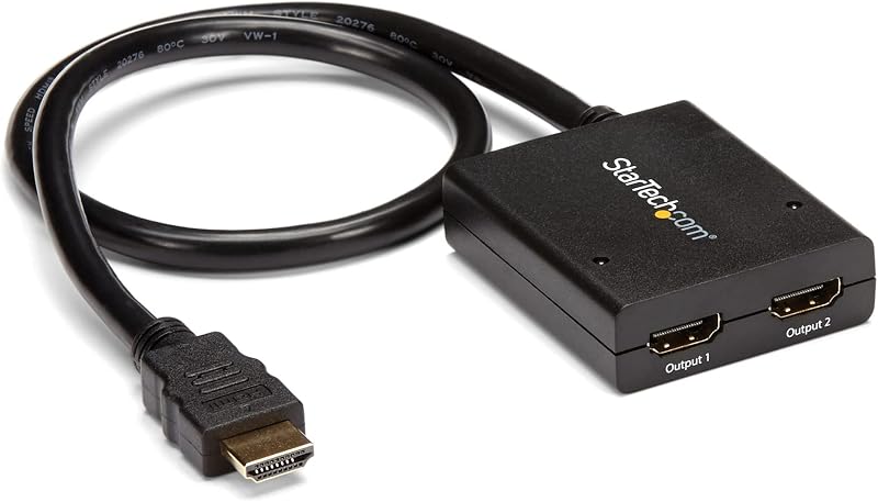 StarTech 2-Port HDMI Splitter, 4K 30Hz, USB Powered, Black (ST122HD4KU) | HDMI 1.4, HDCP, Built-in source cable, Backward compatible 1080p/720p, 7.1 audio, No drivers, Dual displays