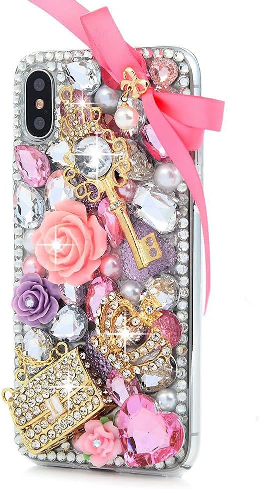 Glitter Phone Case Compatible with iPhone 11 Pro Max - 3D Luxury Girls Women Shiny Bling Handcrafted Protective Cover with Screen Protector (2 Pack) - Pink Bowknot Crown Bag