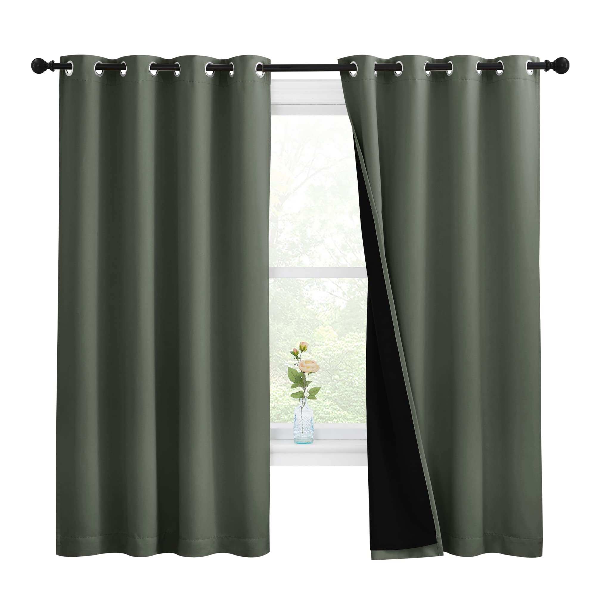 NICETOWN Dark Mallard 100% Blackout Lined Curtains, 2 Thick Layers Completely Blackout Window Treatment Thermal Insulated Drapes for Kitchen/Bedroom (1 Pair, 55-inch Width x 68-inch Length per Panel)