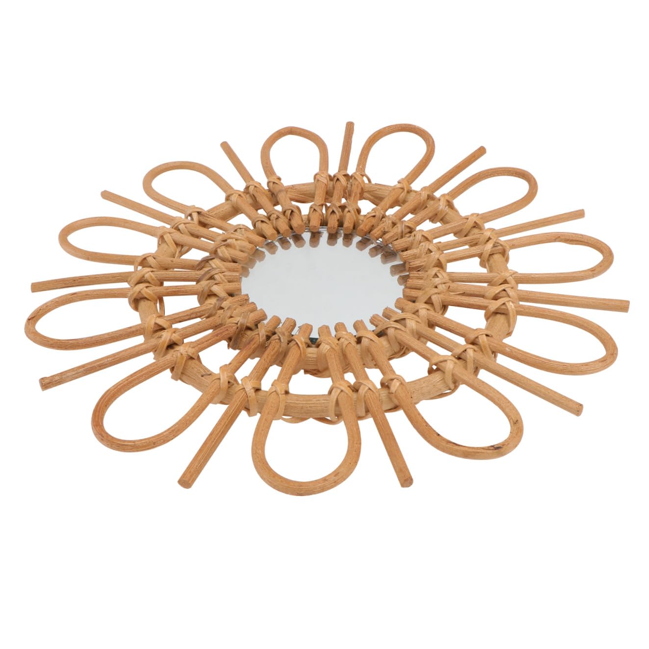 Miroir de maquillage rond bambou tissé main style rétro marron clair chambre