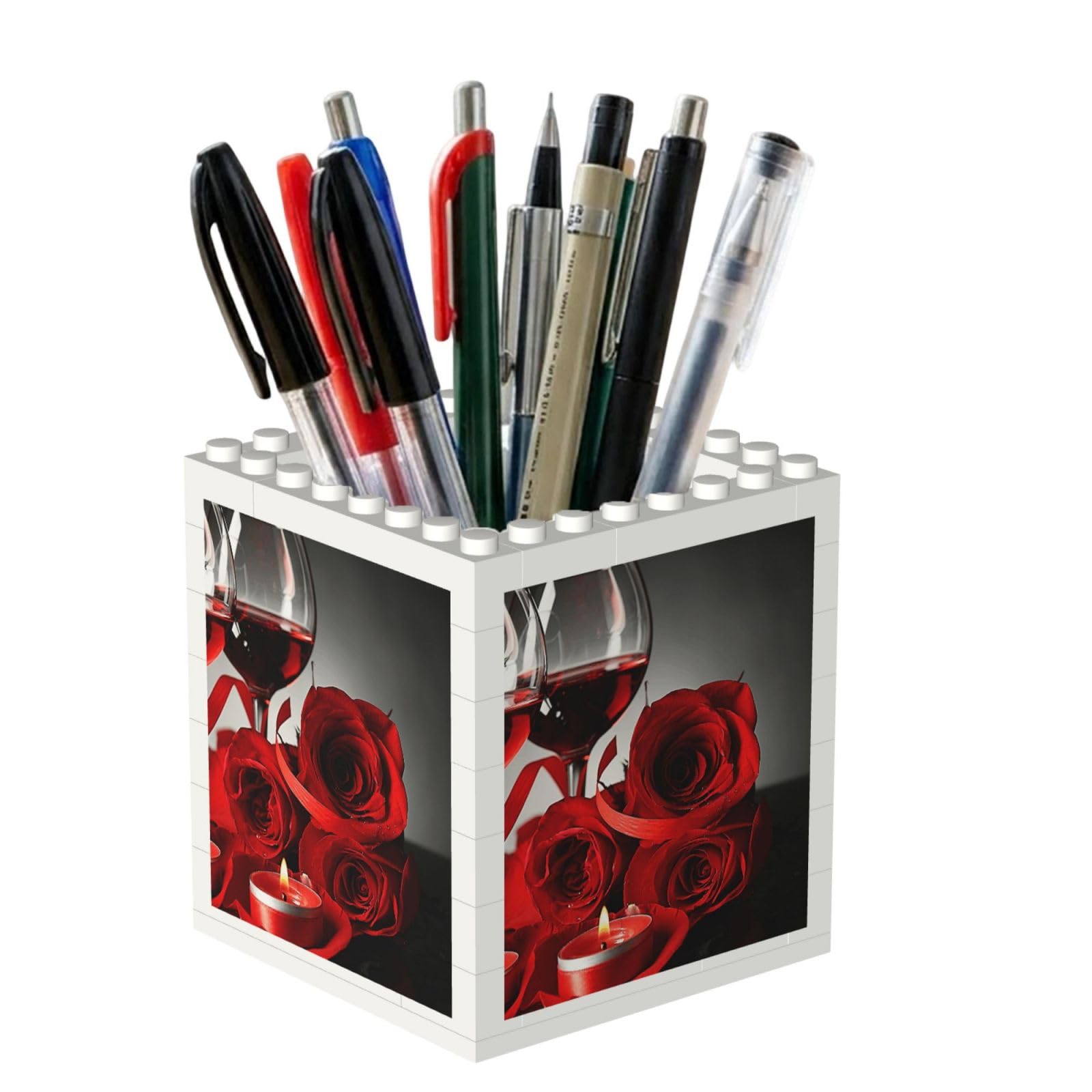Poadnly Red Rose And Wine Romantic Lovers Decor, Pen Pot Pencil Holder for Office Home School, Compact Desk Organiser for Office Stationery