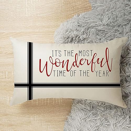 Miniatura 2 de GTEXT Funda de almohada navideña con texto en inglés "I't the most wonderful time of the year", funda de almohada de lino de 20 x 12 pulgadas