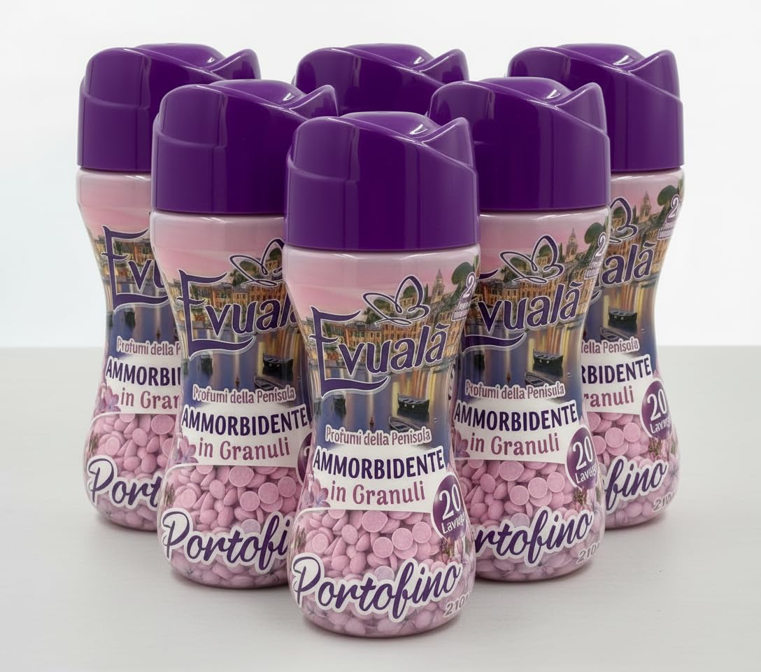 Evualà Ammorbidente in Granuli ProfumoPortofino, Perle Profumate per Lavatrice, 210g, 20 Lavaggi, 3 o 6 Confezioni (210gr x 6, Portofino)