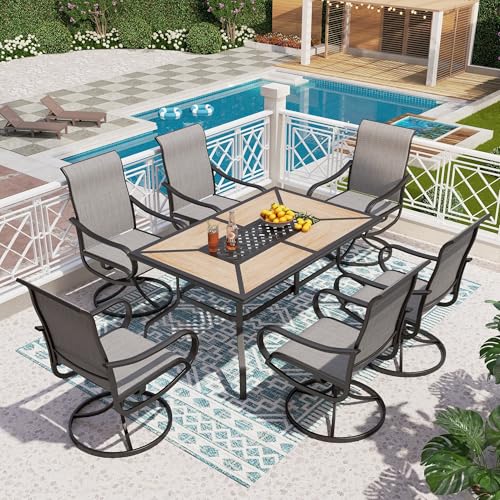 Image of PHI VILLA 7 Piece Patio Dining Set, 6 Swivel Patio Chairs with Textilene Mesh Fabric & Rectangular Wooden-Like Dining Table(1.6 inch Umbrella Hole), All Weather Patio Chairs and Table Set for Deck (Grey)