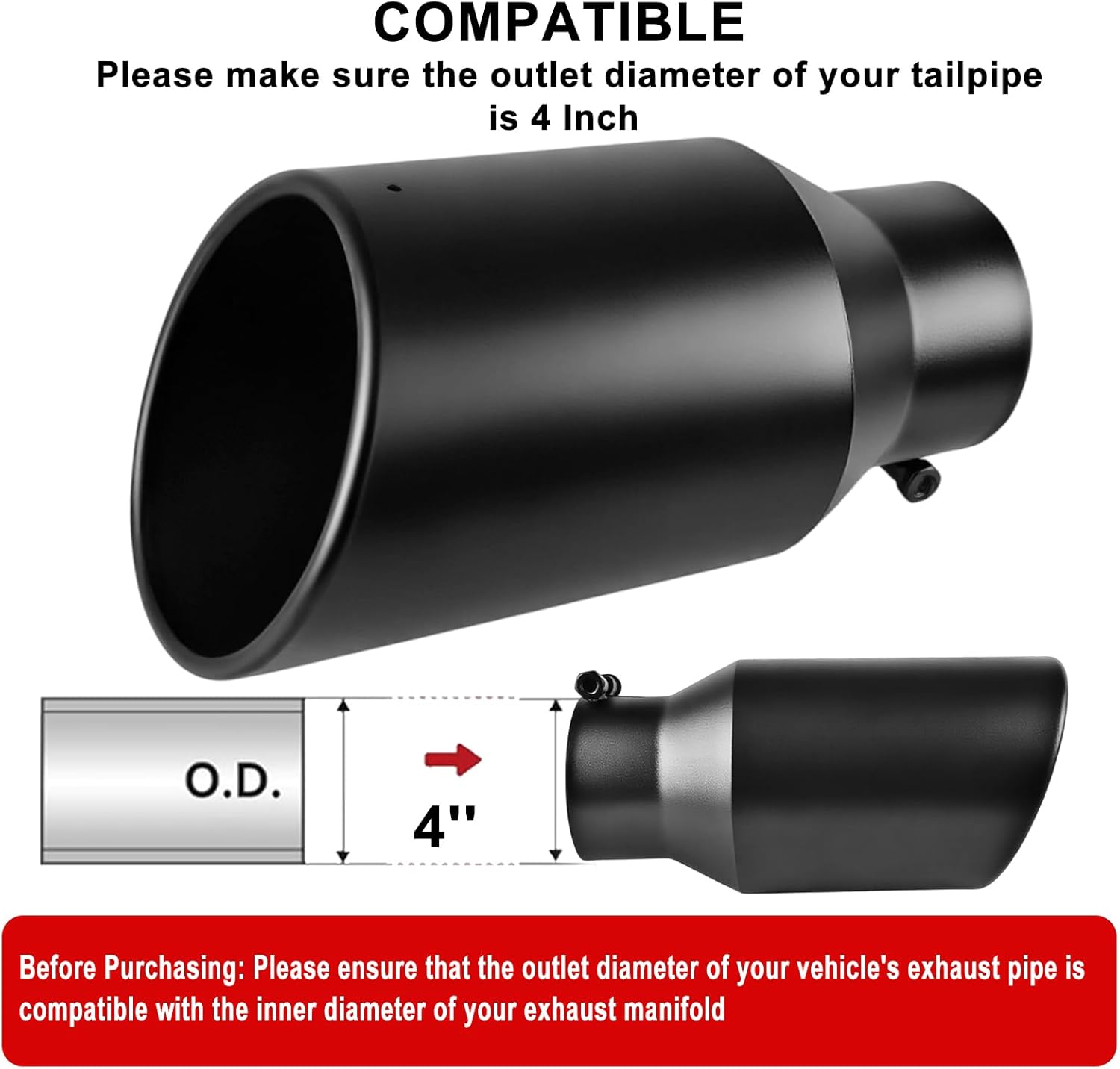 MuHize Exhaust Tips 4" Inlet, 6" Outlet 12" Length Performance Exhaust Tip, Bolt on, Black Powder Coated Tailpipe, Diesel Exhaust Pipe for Pickup Truck, Car, Truck