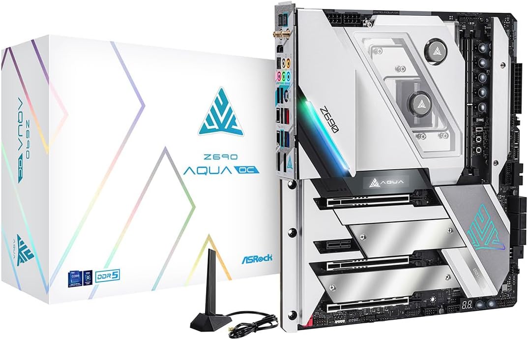 ASRock Z690 Aqua LGA1700 Motherboard 8 SATA3 DDR5 Dual Channel 6400+ (OC) MHz 192GB EATX 2oz Copper PCB 12 Layer PCB SATA3 6.0 Gb/s Thunderbolt WiFi 6E 2.5G LAN PCIe 5.0 M.2 Marvell 10G LAN