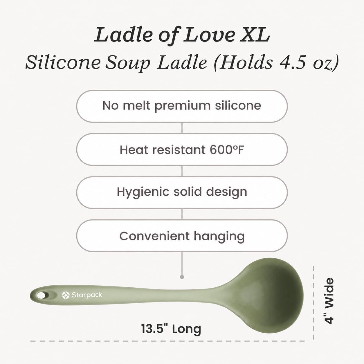 Starpack 'Ladle of Love' XL Premium Silicone Ladle Spoon - Up-to 600°F High Heat Resistant Soup Ladles - Kitchen Ladles for Serving, Non Stick Silicone Spoons, LFGB Grade Cooking Spoon - Sage Green image 4