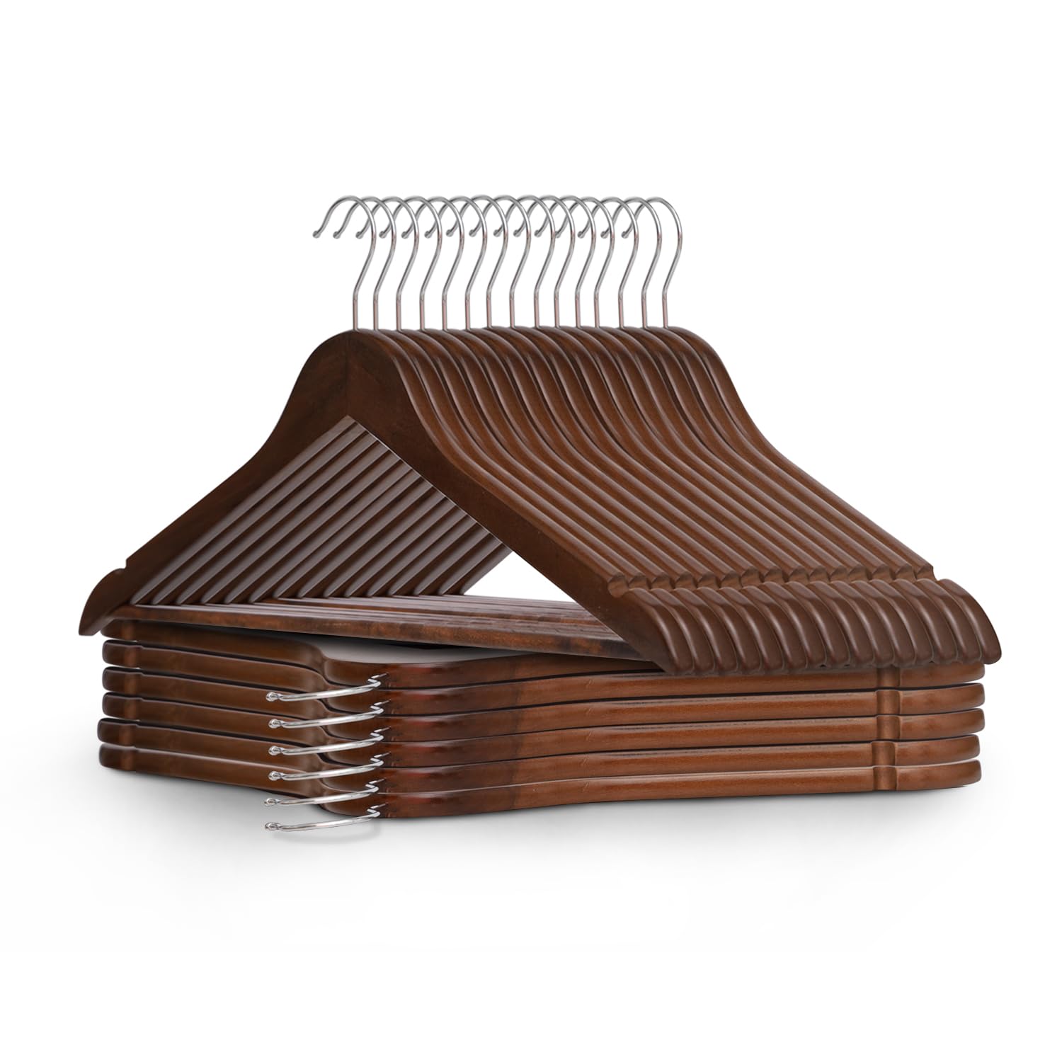KEPLIN Strong Wooden Coat Hangers with 360 Degree Rotatory Hook & Round Trouser Bar & Shoulder Notches - Durable Wardrobe Space Saver - Suitable for Coat, Jacket, Suit, Jumper (Walnut, 20 Pack)