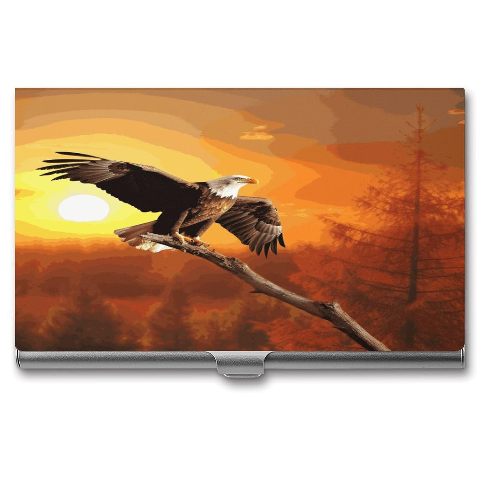 Lzqpoeas Men's Style Golden Sunset Bald Eagle Business Card Holder Aluminum Alloy Flip Cover Slim Name Cards Case Lightweight Business Name Card Holder Case Portable Purse Name Cards Holder
