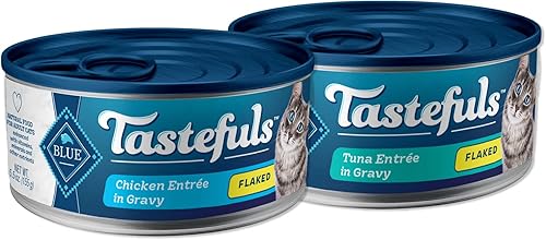 Blue Buffalo Tastefuls - Paquete de comida húmeda natural para gatos, pollo y atún en copos, latas de 5.5 onzas (48 unidades, 24 de cada sabor)